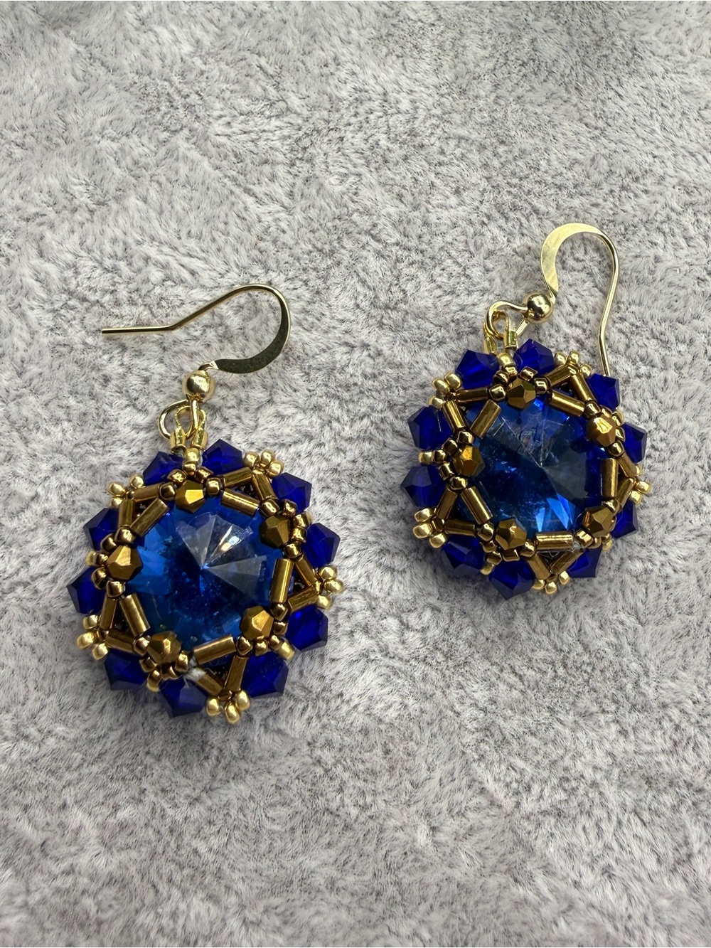 Blue Crystal & Gold Beaded Drop Earrings